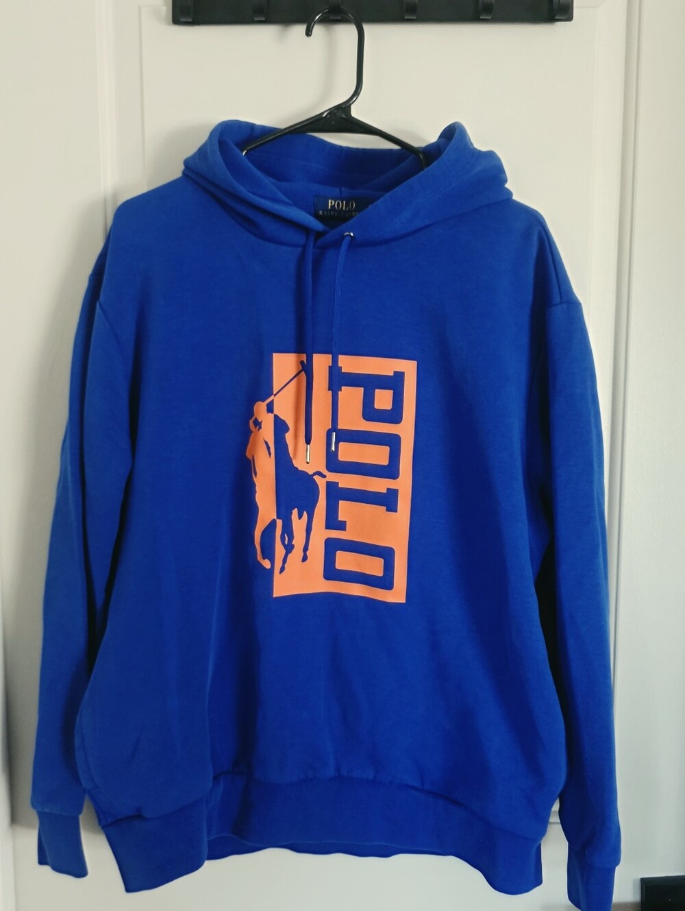 Polo Ralph Lauren Men’s XL Blue Pullover Hoodie Orange Logo Drawstring Pockets